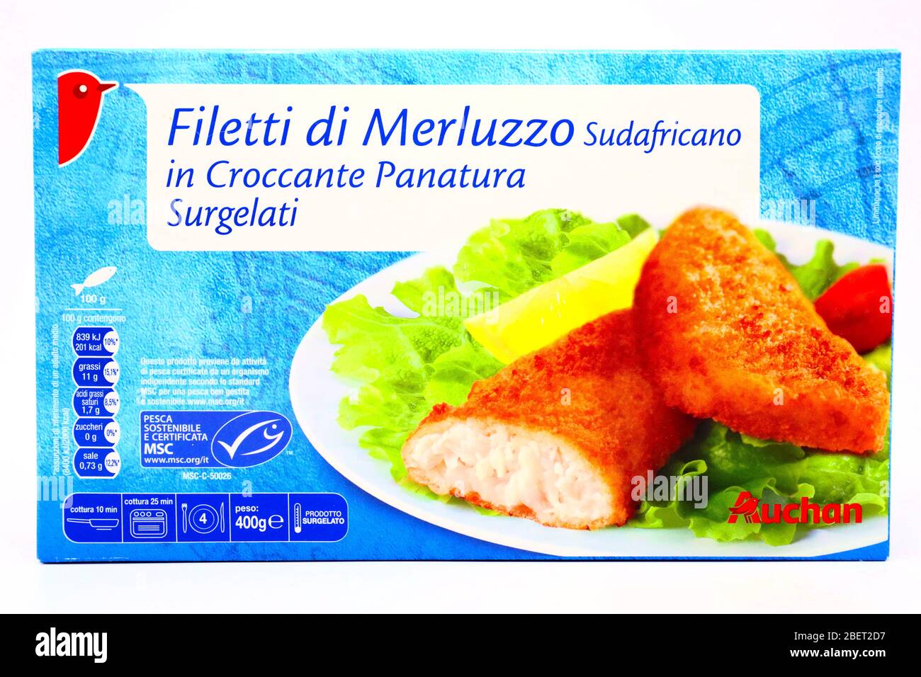 AUCHAN Fillets de morue sud-africaine. Vendu par la chaîne de supermarchés Auchan Banque D'Images