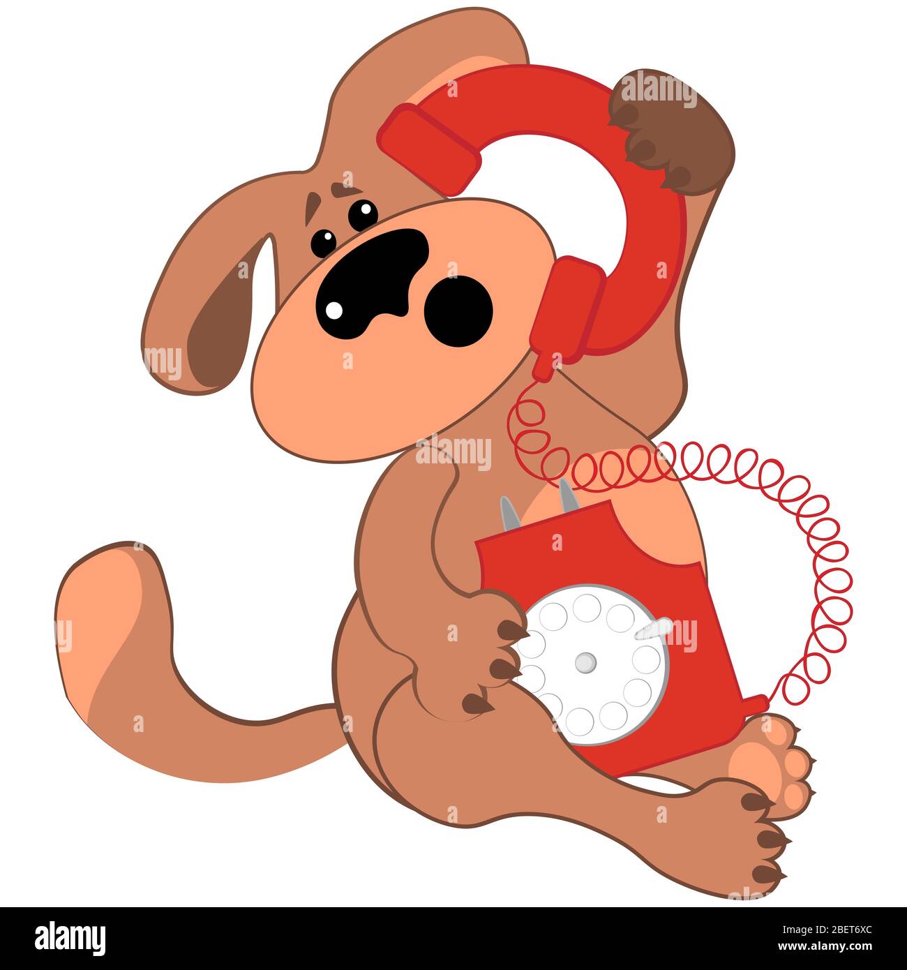 Chien triste ou perplexe parlant sur un rare téléphone rouge. Bonjour, support Illustration de Vecteur