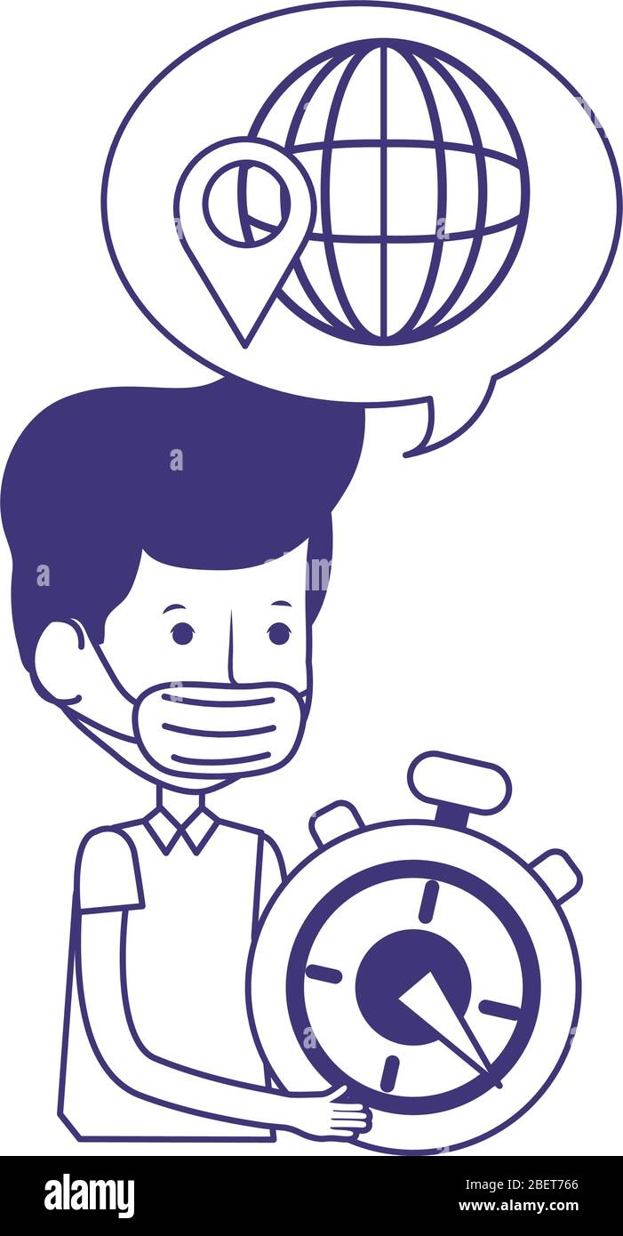 homme avec masque et chronomètre service mondial en ligne shopping covid 19 vecteur illustration style Illustration de Vecteur