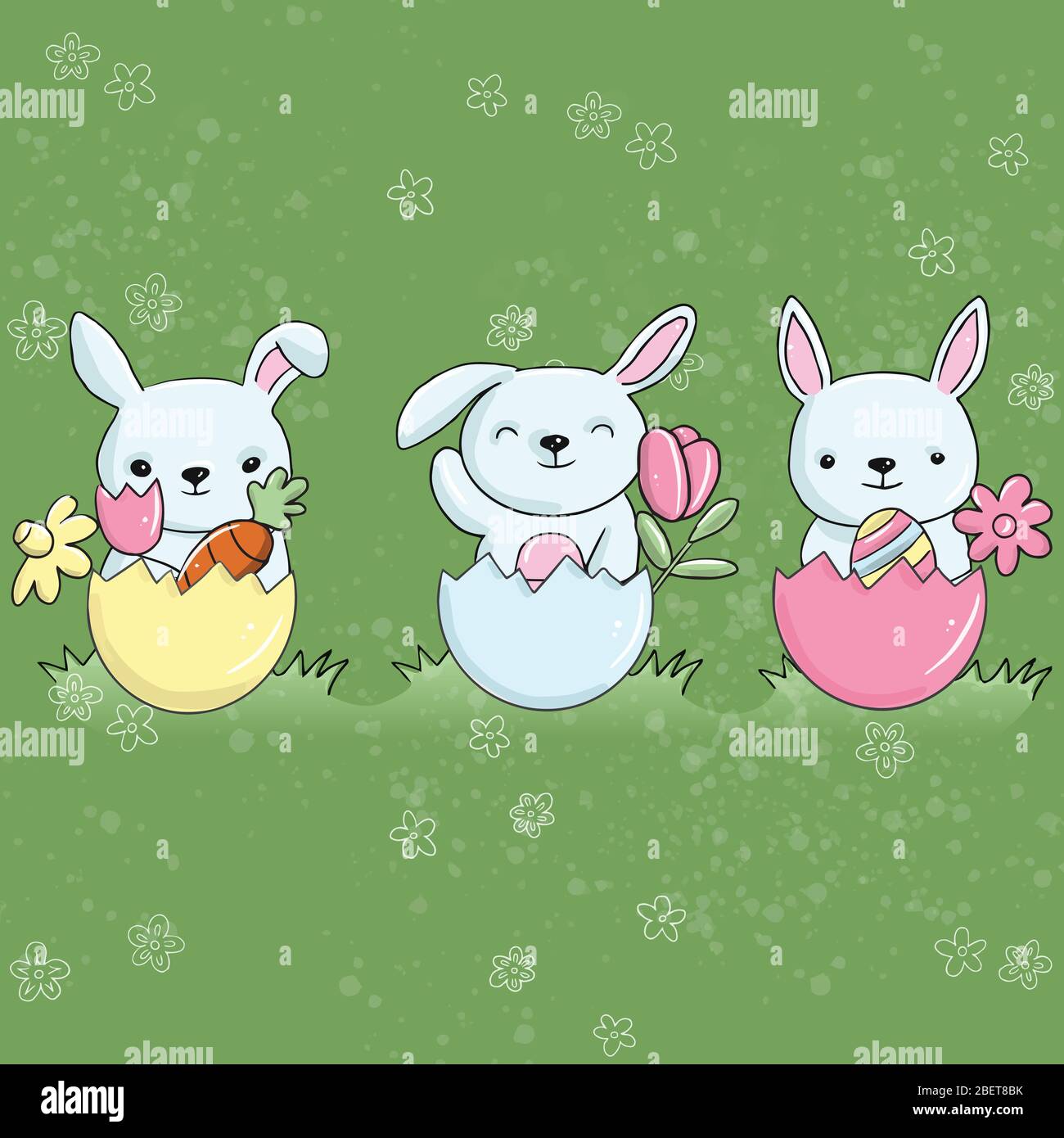 Illustration vectorielle de pâques de trois lapins avec des œufs dans la prairie sur un fond vert avec des fleurs Illustration de Vecteur