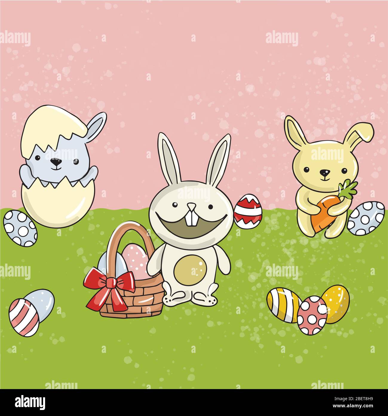 Illustration vectorielle de Pâques de lapins avec des œufs dans la prairie sur un fond rose-vert Illustration de Vecteur