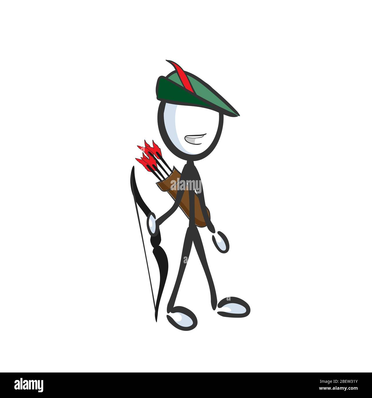 Robin Hood archer. Héros de légende. Guerrier tiré à la main. Dessin animé stickman. Esquisse de Doodle, illustration graphique vectorielle Illustration de Vecteur