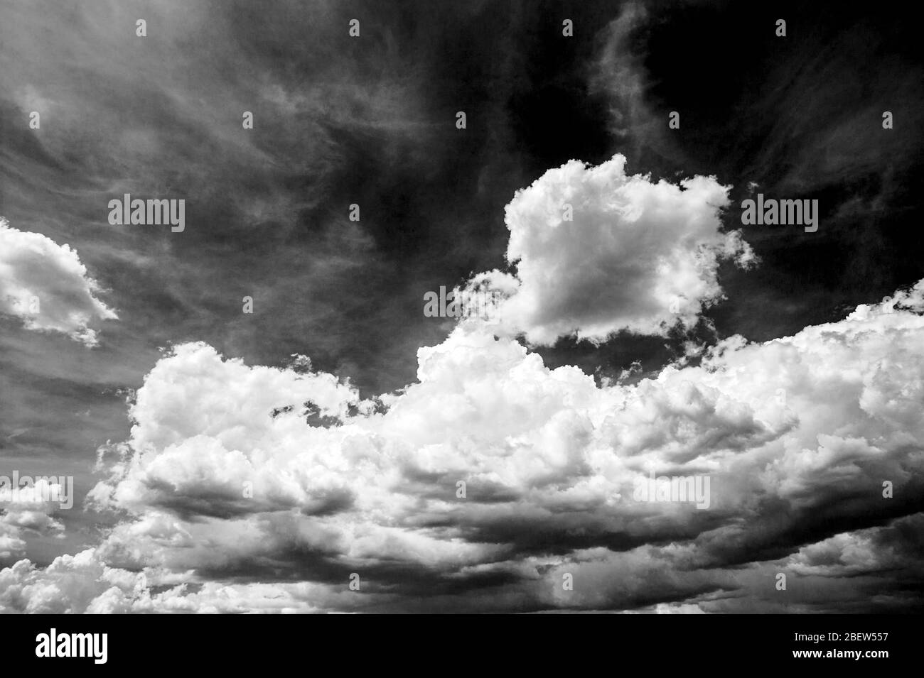 Vue en noir et blanc des magnifiques nuages de cumulus contre le ciel bleu azure ; sud-ouest des États-Unis Banque D'Images