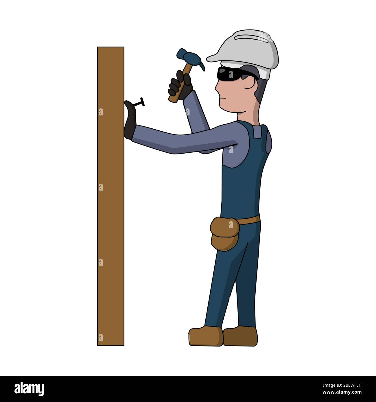 Homme de bande dessinée un charpentier en salopette, dans un casque de construction et des lunettes de protection tient un marteau dans sa main. Conduire un clou Illustration de Vecteur