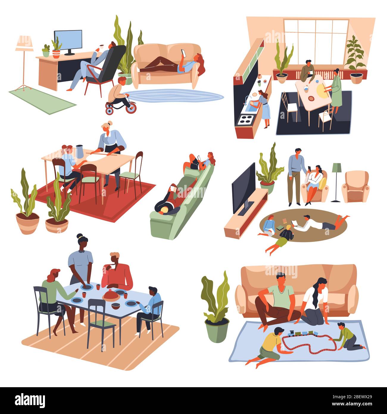 Les membres de la famille se réunissent, les gens jouent et mangent à la maison Illustration de Vecteur