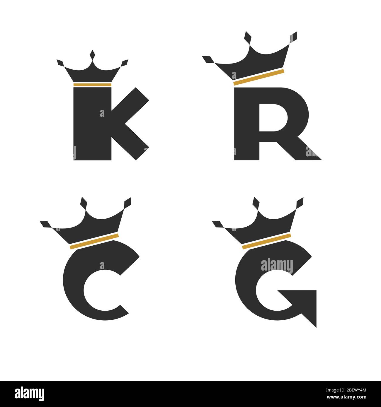 Ensemble de lettres avec logo couronne, lettre initiale K, R, C, G et icône graphique, isolée sur fond blanc. Illustration de Vecteur