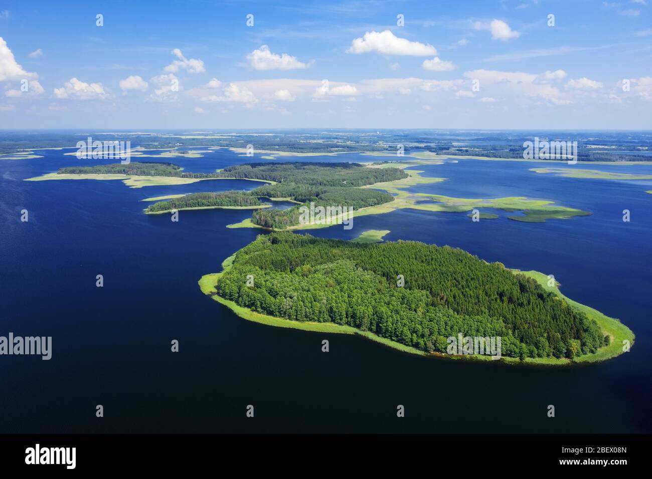 Magnifique paysage aérien de lac. Lacs Braslaw, Biélorussie. Beaucoup d'îles de lac couvertes avec une forêt de tir d'un drone Banque D'Images