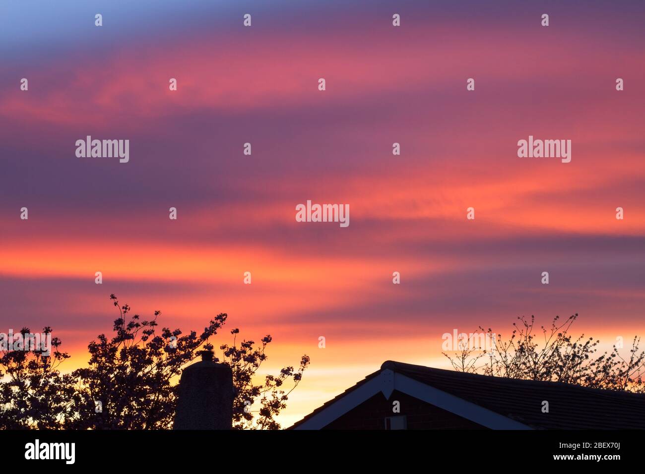 Un coucher de soleil printanier en avril avec des tons d'orange, de violet, de bleu et de gris avec la silhouette d'un toit et des branches d'arbres au premier plan. Banque D'Images