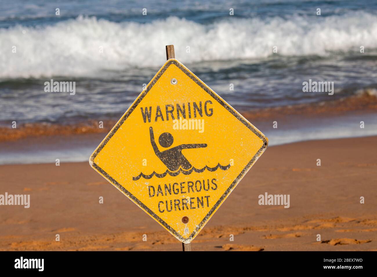 Avertissement : panneau jaune actuel dangereux sur la plage Avalon à Sydney, en Australie Banque D'Images