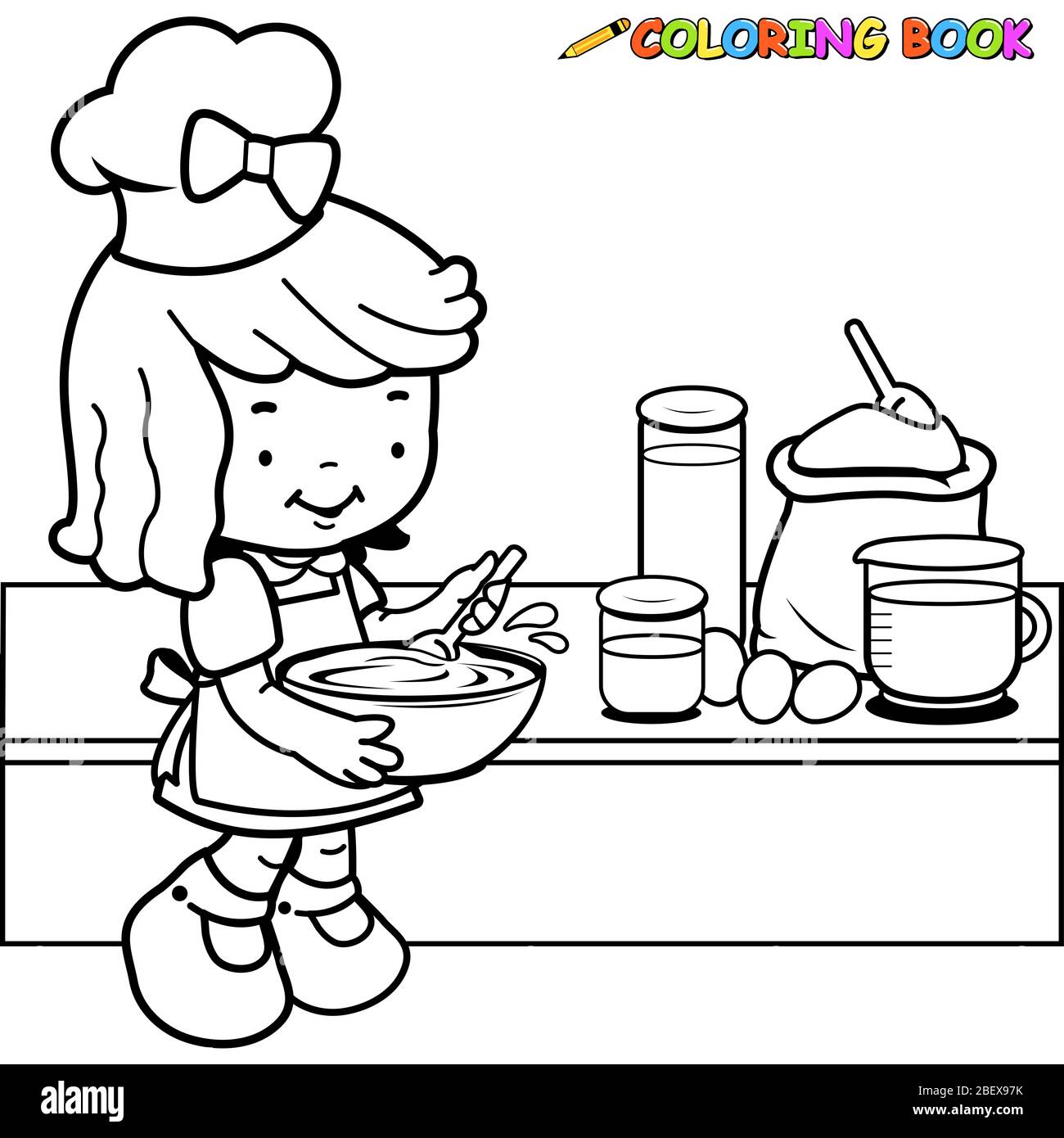 Une petite fille cuisine dans la cuisine. Page de coloration noir et blanc Banque D'Images