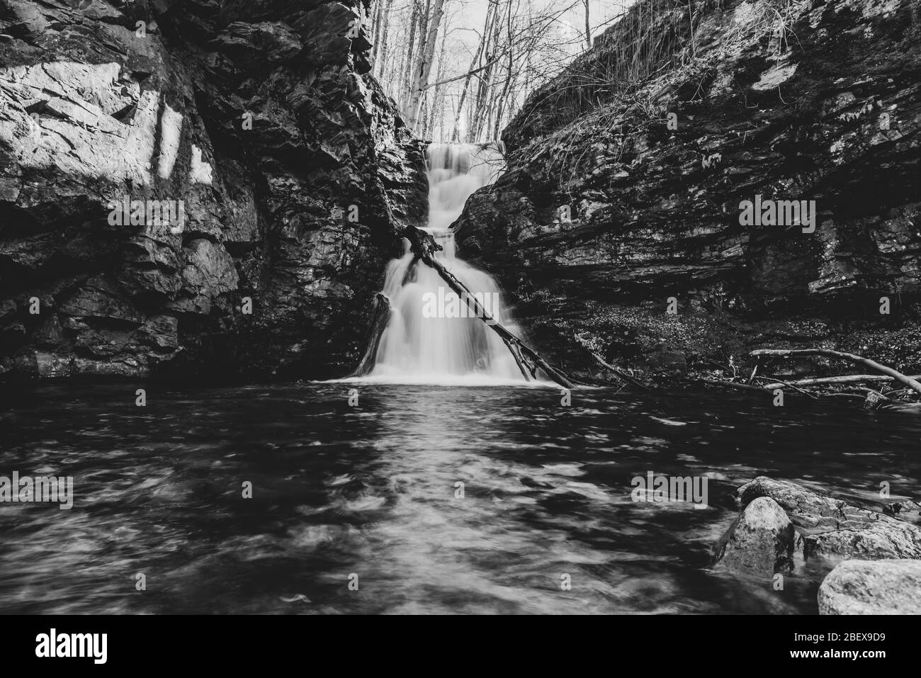 Image en noir et blanc de la magnifique cascade de la montagne des Balkans (Stara planina) près de Stakevtsi, dans le nord-ouest de la Bulgarie Banque D'Images