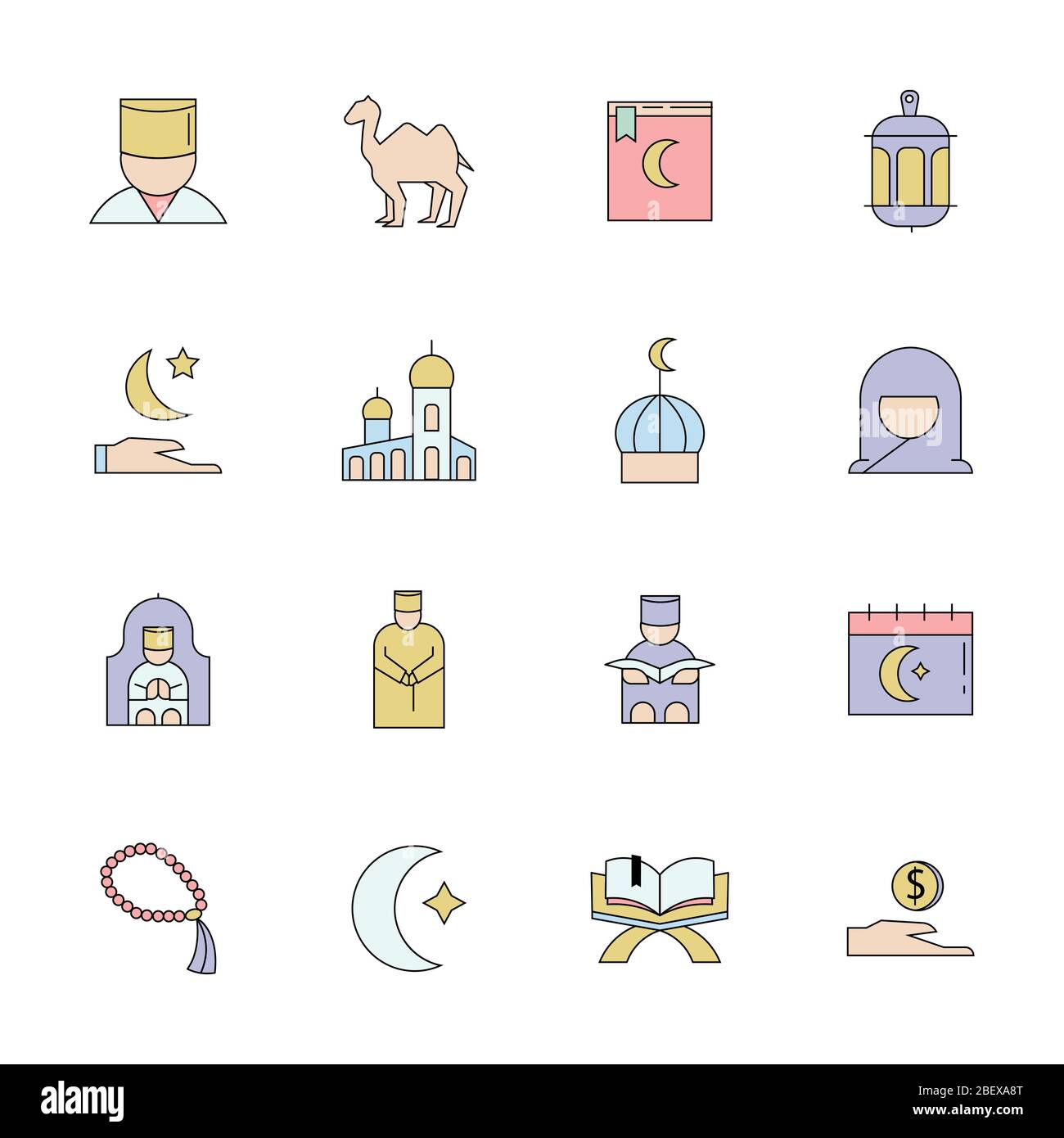 Les icônes Ramadan Kareem ont défini isolé sur fond blanc. Illustration vectorielle. QuranBook,traditions Lanternes,CrestwittStar,Mosqueand Rosary,Kaaba,Isla Illustration de Vecteur