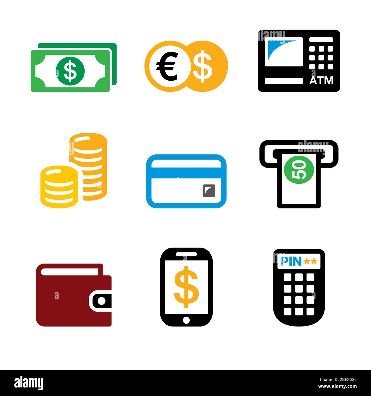 Argent, guichet automatique - scénario de machine de trésorerie ensemble - banque, vente au détail et conception financière Illustration de Vecteur