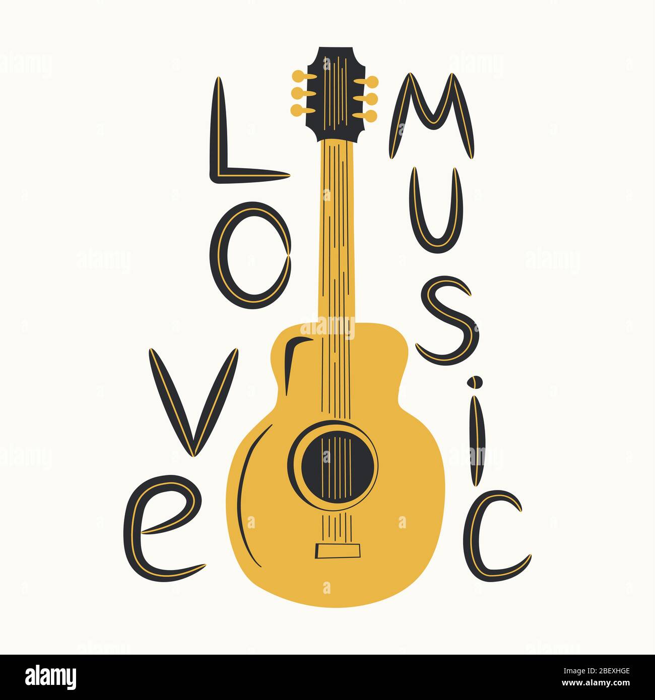 Guitare acoustique entourée de notes, l'inscription Love Music, Country Music. Country Cowboy Music Festival Creative Event Live Event Poster concept Illustration de Vecteur