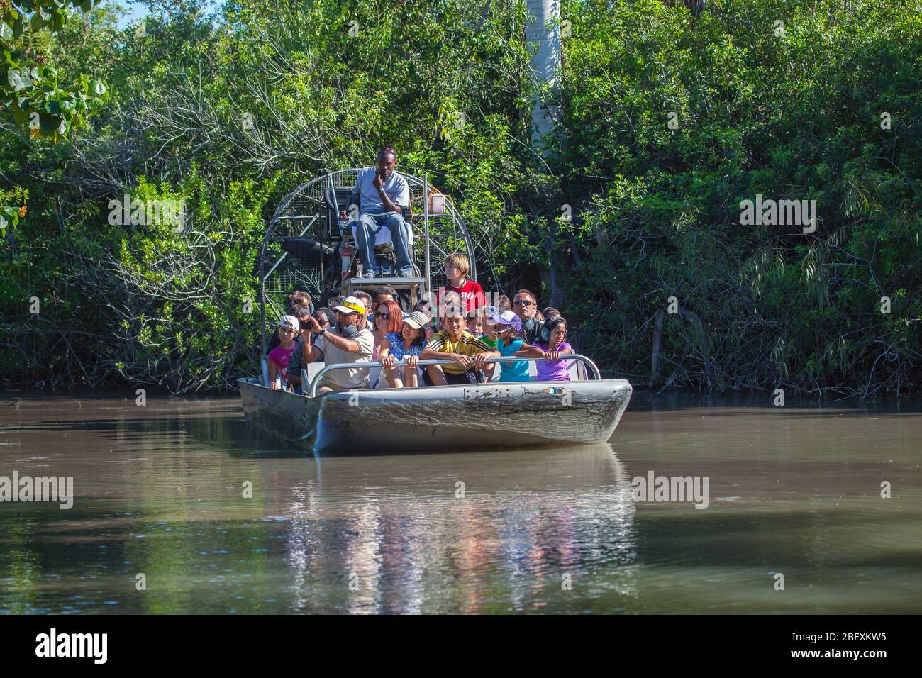 Les touristes en bateau visitent le parc national des Everglades, en Floride, aux États-Unis. Banque D'Images