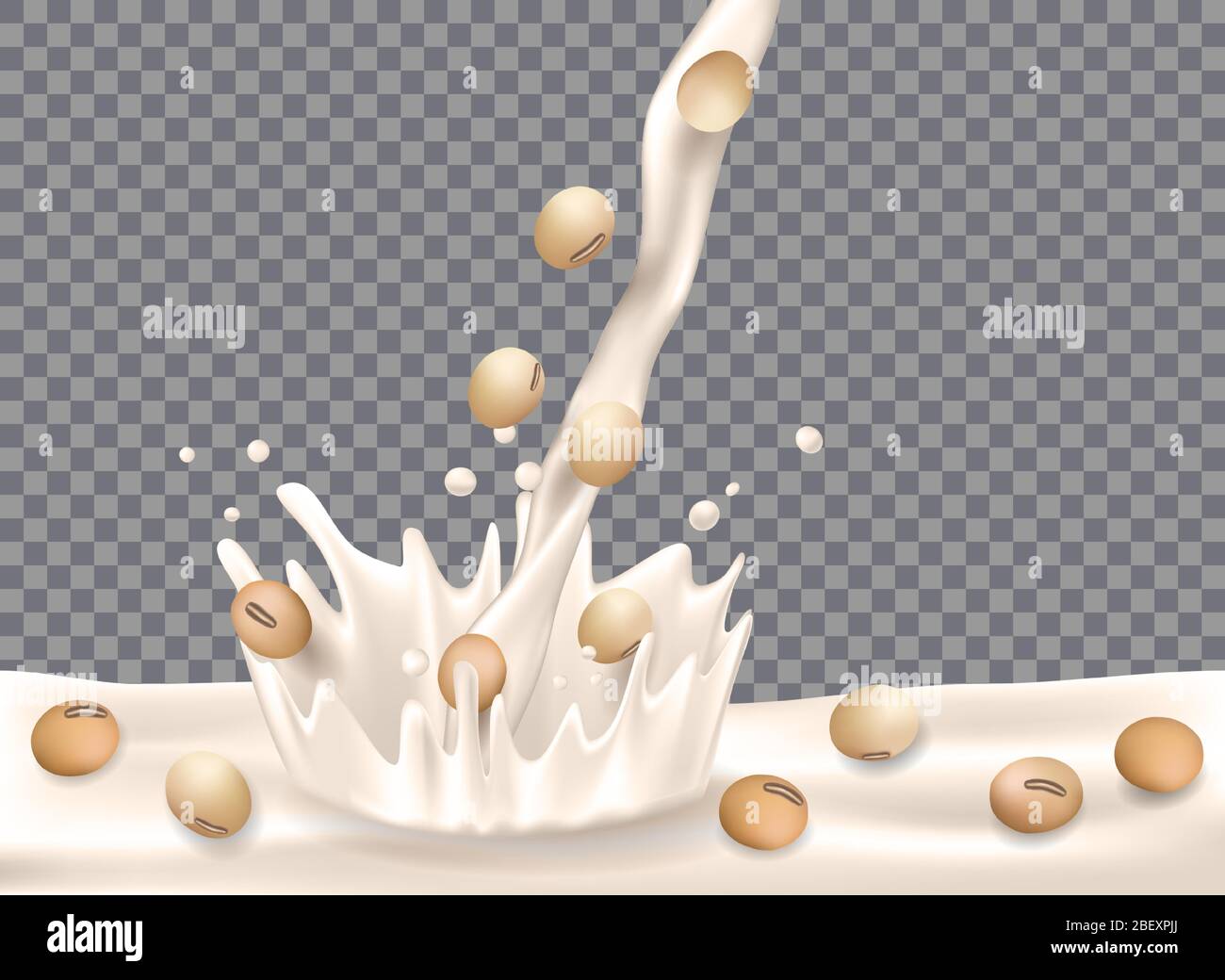 Lait de soja avec éclaboussures isolées sur fond transparent. Grains de soja avec lait en baisse pour la conception de l'emballage. Illustration vectorielle 3d Illustration de Vecteur