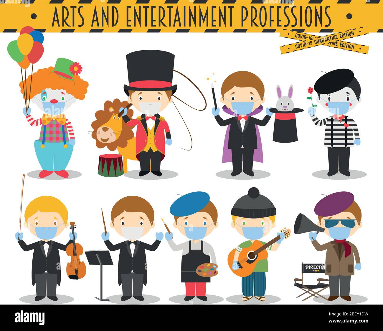 Covid 19 Santé urgence Édition spéciale: Vector Set of Arts and Entertainment professions avec masques chirurgicaux et gants en latex dans le style de dessin animé Illustration de Vecteur