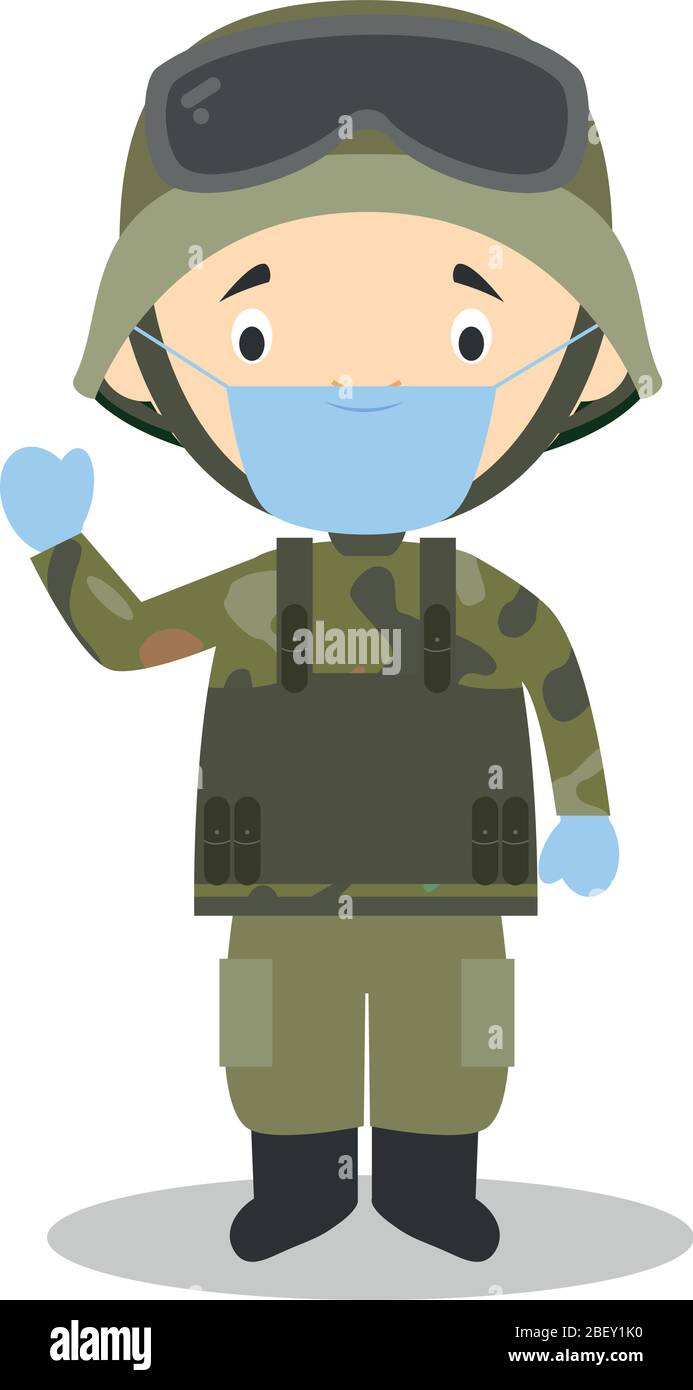 Illustration vectorielle mignonne d'un soldat avec masque chirurgical et gants en latex pour la protection contre une urgence sanitaire Illustration de Vecteur