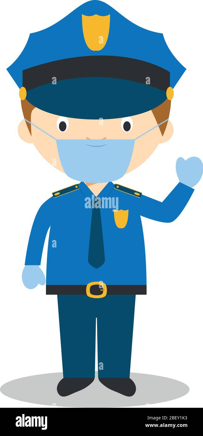 Illustration vectorielle mignonne d'un policier avec masque chirurgical et gants en latex pour la protection contre une urgence sanitaire Illustration de Vecteur