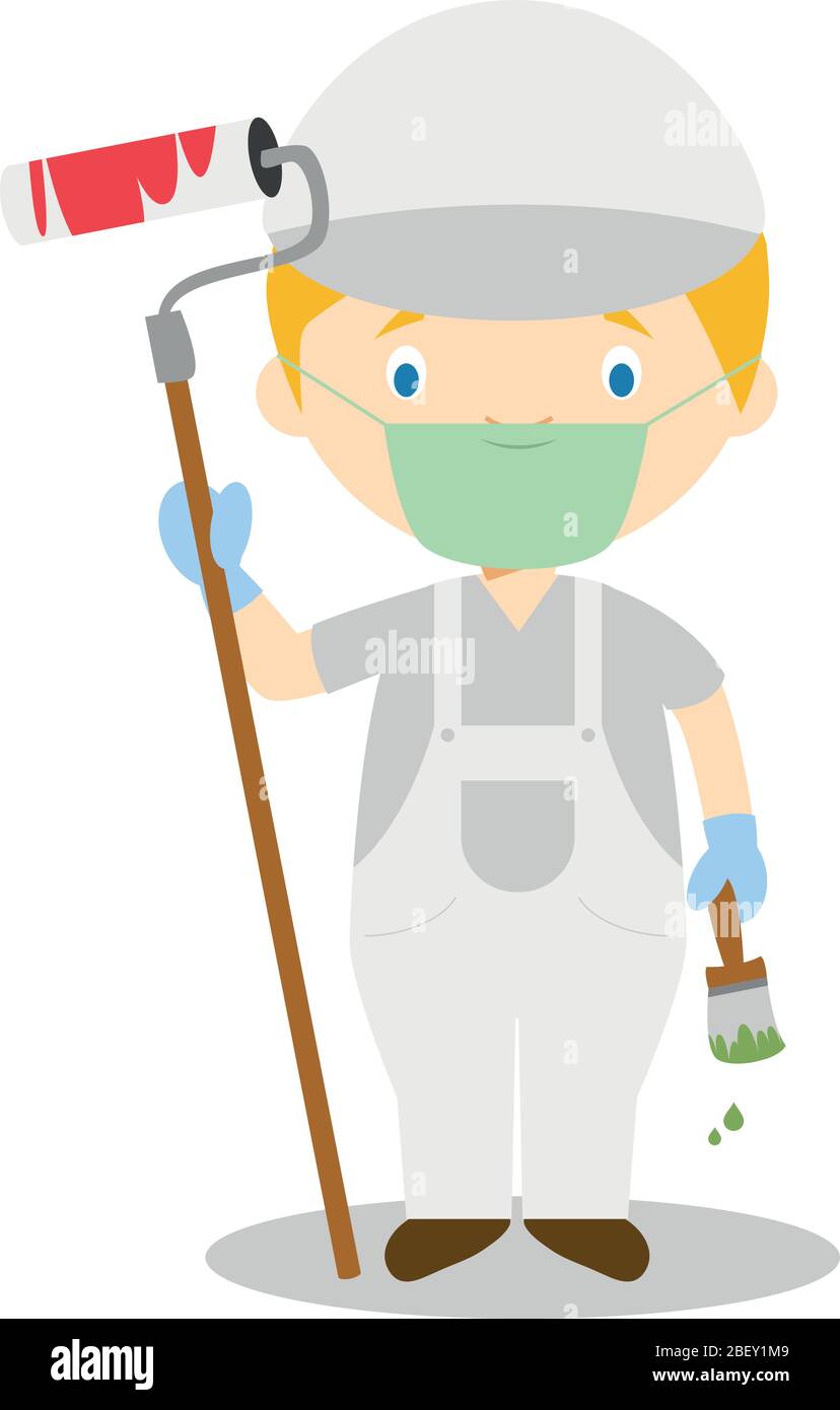 Illustration vectorielle mignon d'un peintre avec masque chirurgical et gants en latex comme protection contre une urgence de santé Illustration de Vecteur
