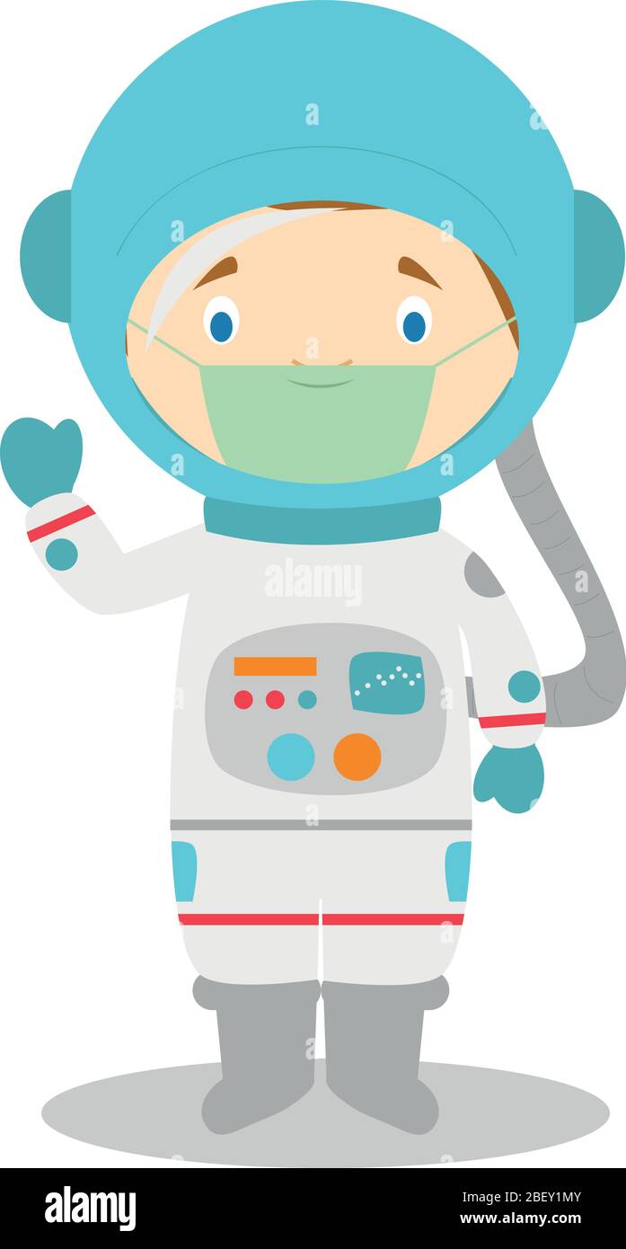Illustration vectorielle mignonne d'un astronaute avec masque chirurgical et gants en latex pour une protection contre une urgence sanitaire Illustration de Vecteur
