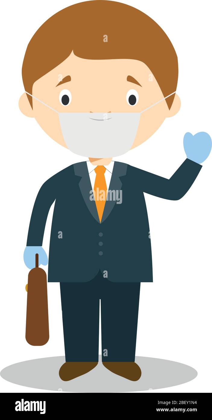 Illustration vectorielle mignon d'un homme d'affaires avec masque chirurgical et gants en latex comme protection contre une urgence de santé Illustration de Vecteur
