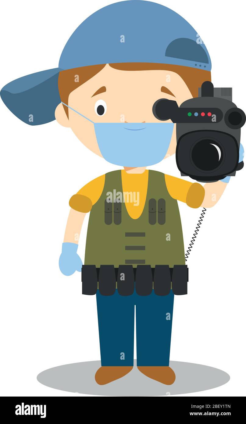 Illustration vectorielle mignonne d'un caméraman avec masque chirurgical et gants en latex pour une protection contre une urgence sanitaire Illustration de Vecteur