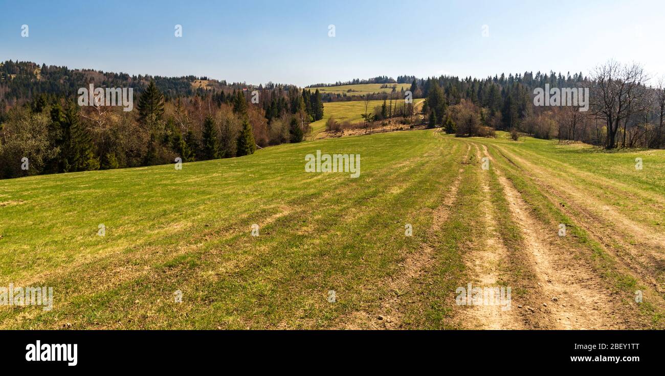 Printemps montagnes Javorniky près de la colline de Vrchrieka au-dessus du village de Neslusa en Slovaquie avec des prairies, forêt, randonnée et ciel clair Banque D'Images