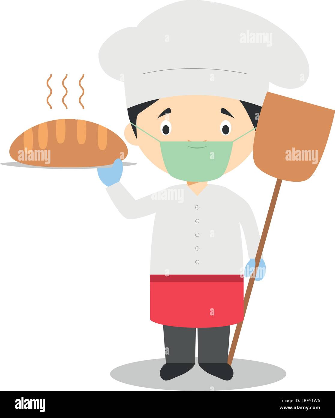 Illustration vectorielle mignon d'un boulanger avec masque chirurgical et gants en latex pour la protection contre une urgence de santé Illustration de Vecteur