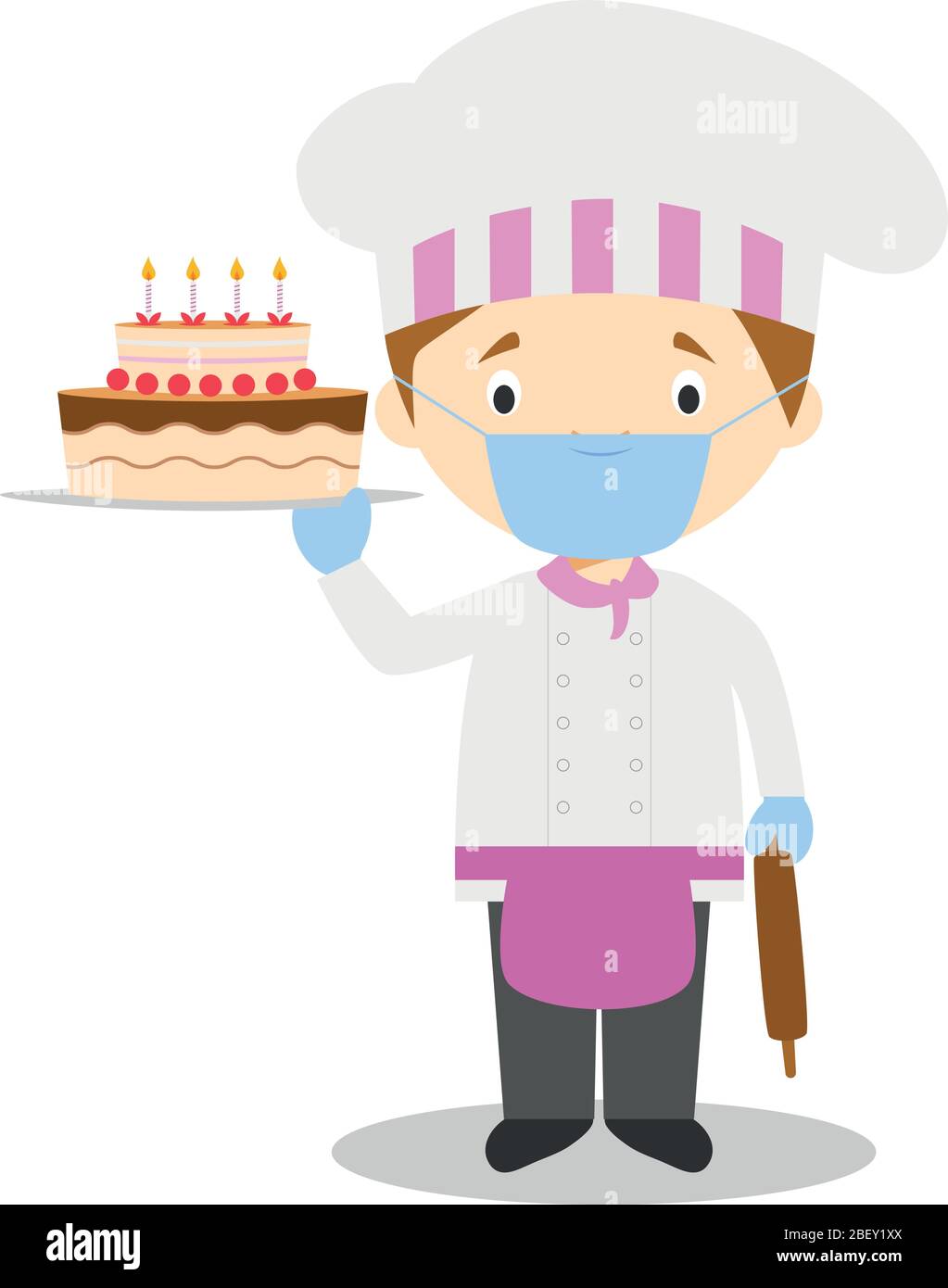 Illustration vectorielle mignonne d'un chef pâtissier avec masque chirurgical et gants en latex pour une protection contre une urgence sanitaire Illustration de Vecteur