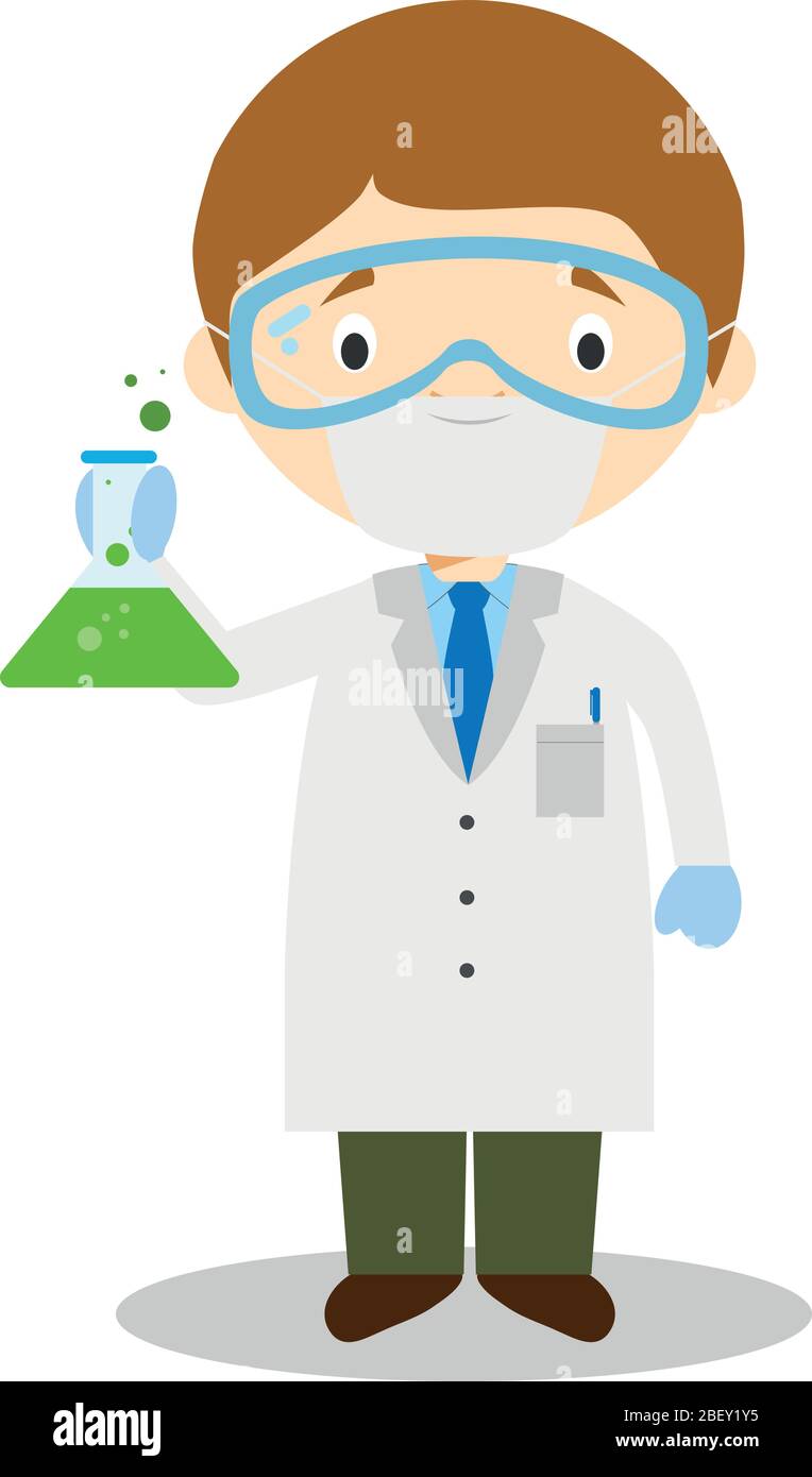 Illustration vectorielle mignon d'un scientifique avec masque chirurgical et gants en latex comme protection contre une urgence de santé Illustration de Vecteur