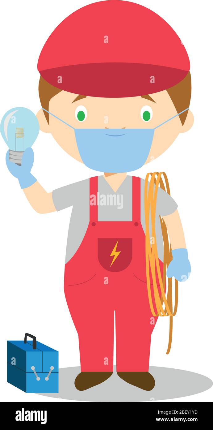 Illustration vectorielle mignon d'un électricien avec masque chirurgical et gants en latex comme protection contre une urgence de santé Illustration de Vecteur