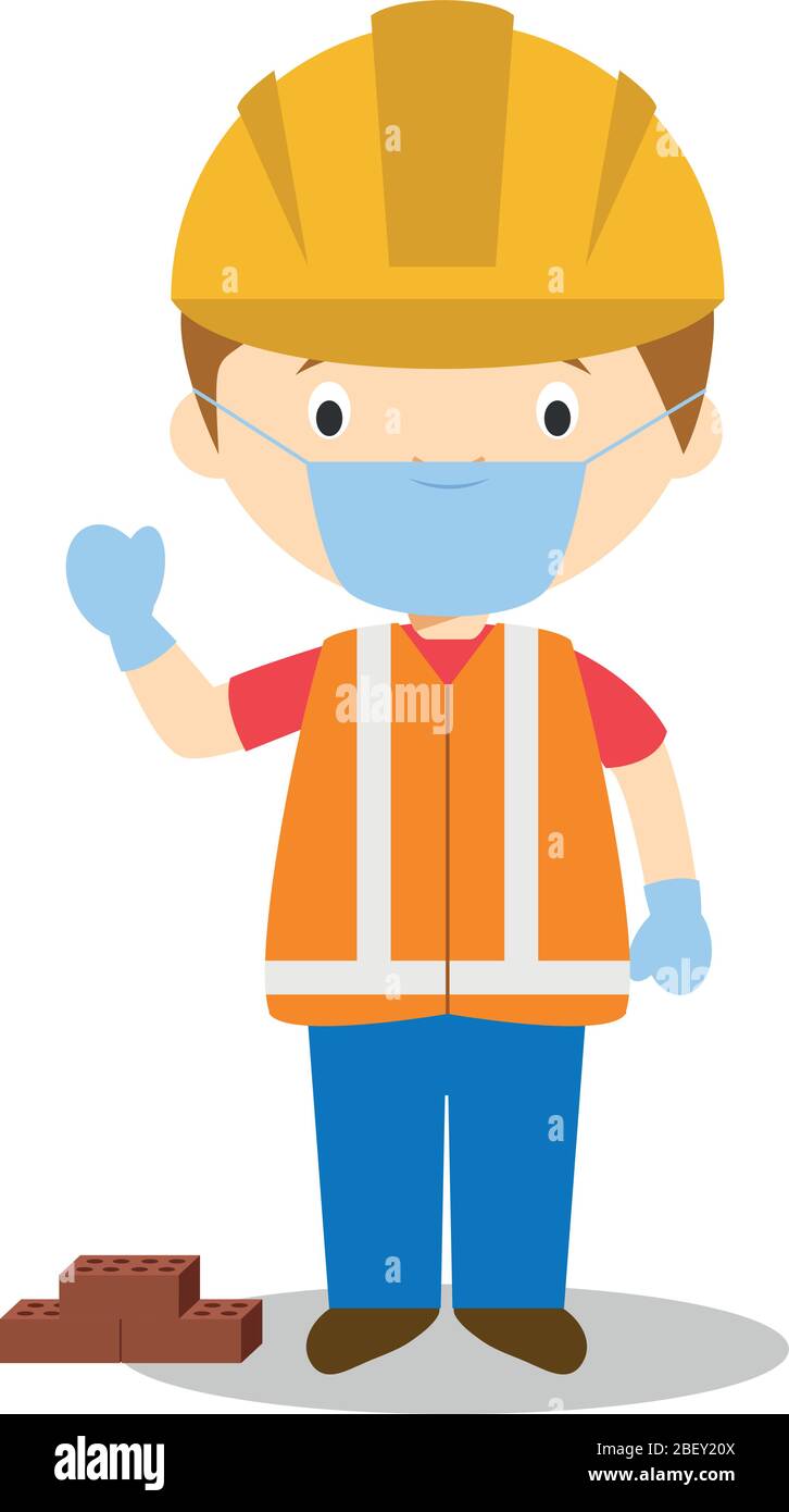 Illustration vectorielle mignon d'un constructeur avec masque chirurgical et gants en latex comme protection contre une urgence de santé Illustration de Vecteur