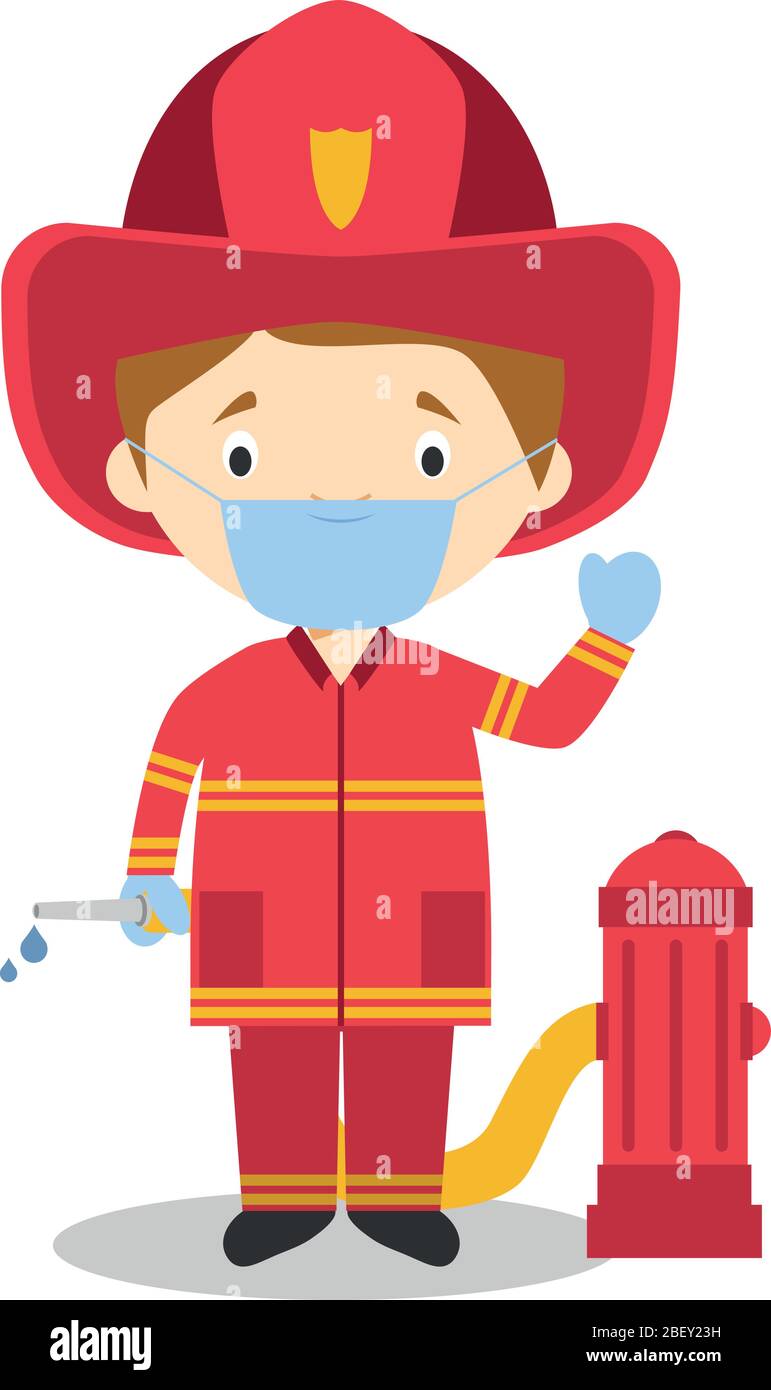 Illustration vectorielle mignonne d'un pompier avec masque chirurgical et gants en latex pour la protection contre une urgence sanitaire Illustration de Vecteur