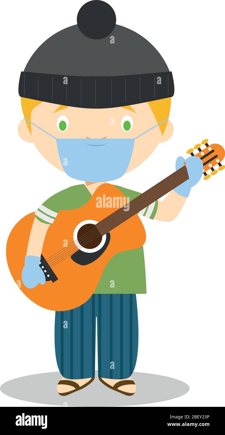 Illustration vectorielle mignon d'un musicien avec masque chirurgical et gants en latex pour la protection contre une urgence de santé Illustration de Vecteur