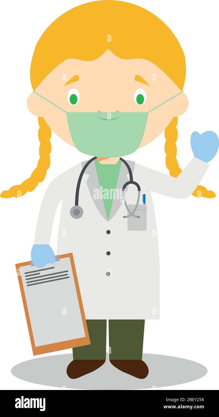 Illustration vectorielle mignonne d'un médecin féminin avec masque chirurgical et gants en latex pour la protection contre une urgence sanitaire Illustration de Vecteur