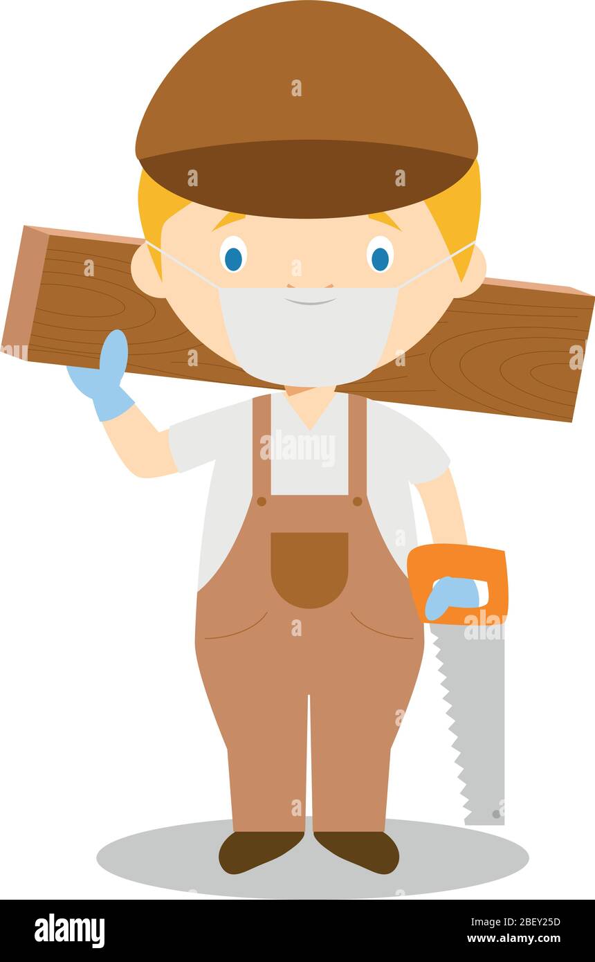 Illustration vectorielle mignonne d'un charpentier avec masque chirurgical et gants en latex pour la protection contre une urgence de santé Illustration de Vecteur