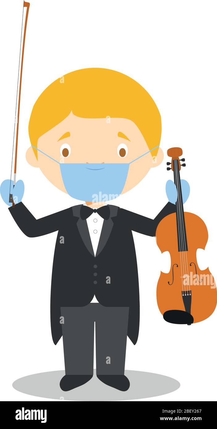 Illustration vectorielle mignonne d'un musicien classique avec masque chirurgical et gants en latex pour une protection contre une urgence sanitaire Illustration de Vecteur