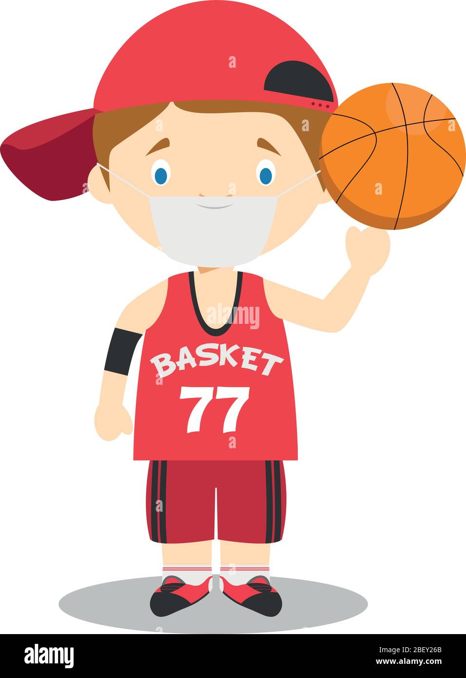 Illustration vectorielle mignonne d'un joueur de basket-ball avec masque chirurgical et gants en latex pour une protection contre une urgence de santé Illustration de Vecteur