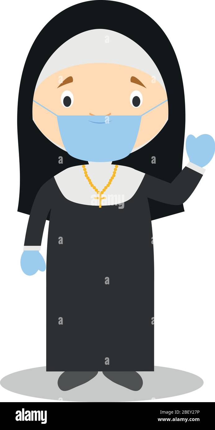 Mignonne illustration vectorielle d'un nun avec masque chirurgical et gants en latex comme protection contre une urgence de santé Illustration de Vecteur