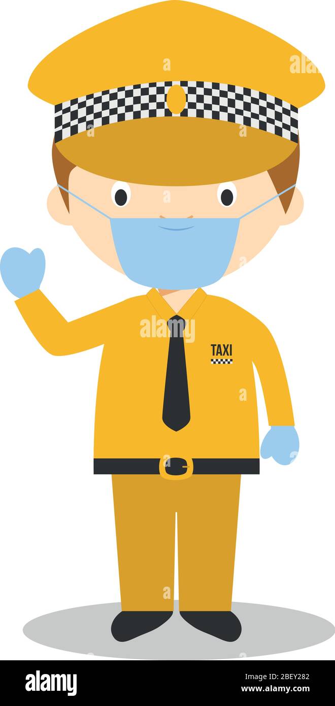 Illustration vectorielle mignon d'un chauffeur de taxi avec masque chirurgical et gants en latex comme protection contre une urgence de santé Illustration de Vecteur