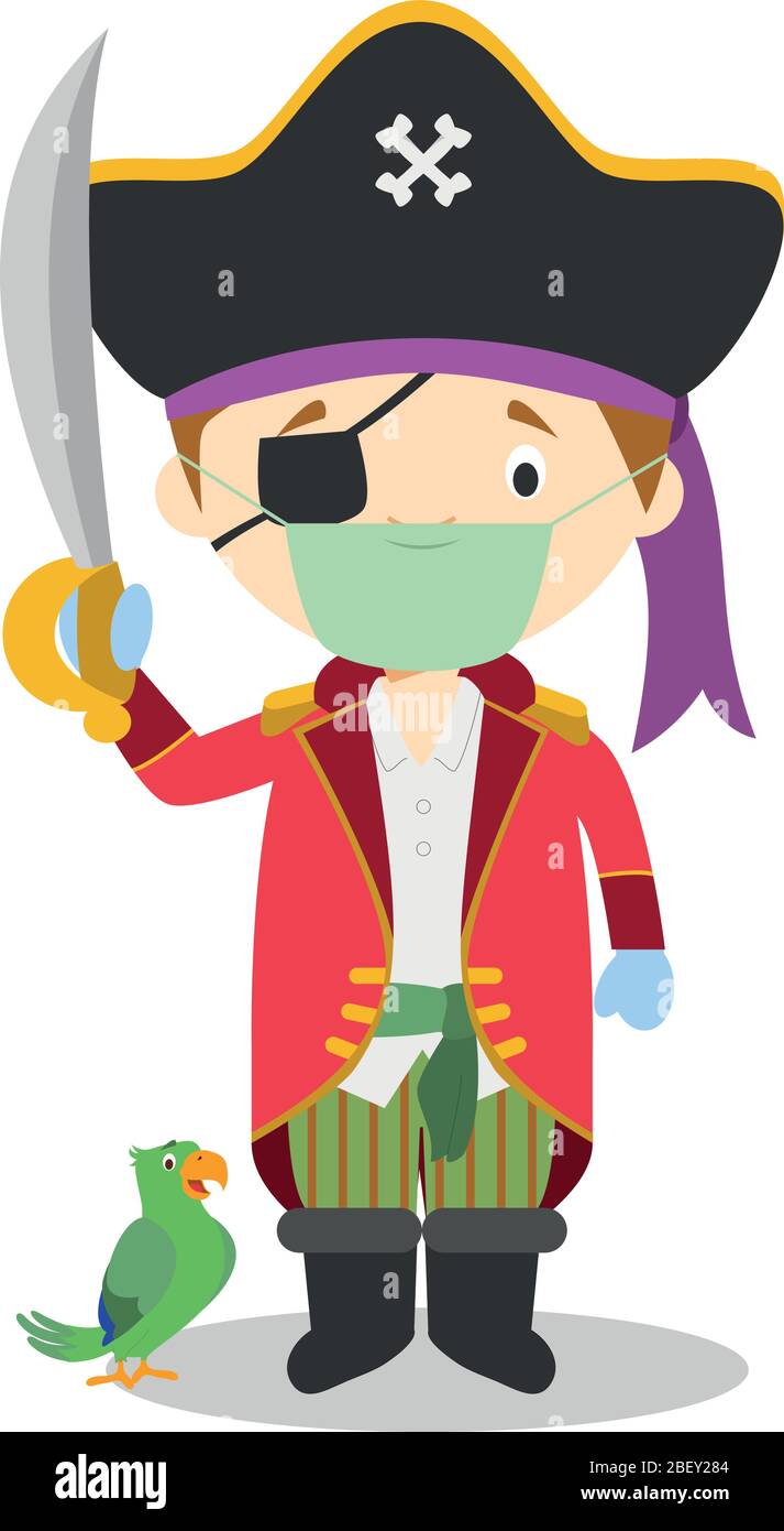 Illustration vectorielle mignonne d'un pirate avec masque chirurgical et gants en latex pour la protection contre une urgence sanitaire Illustration de Vecteur