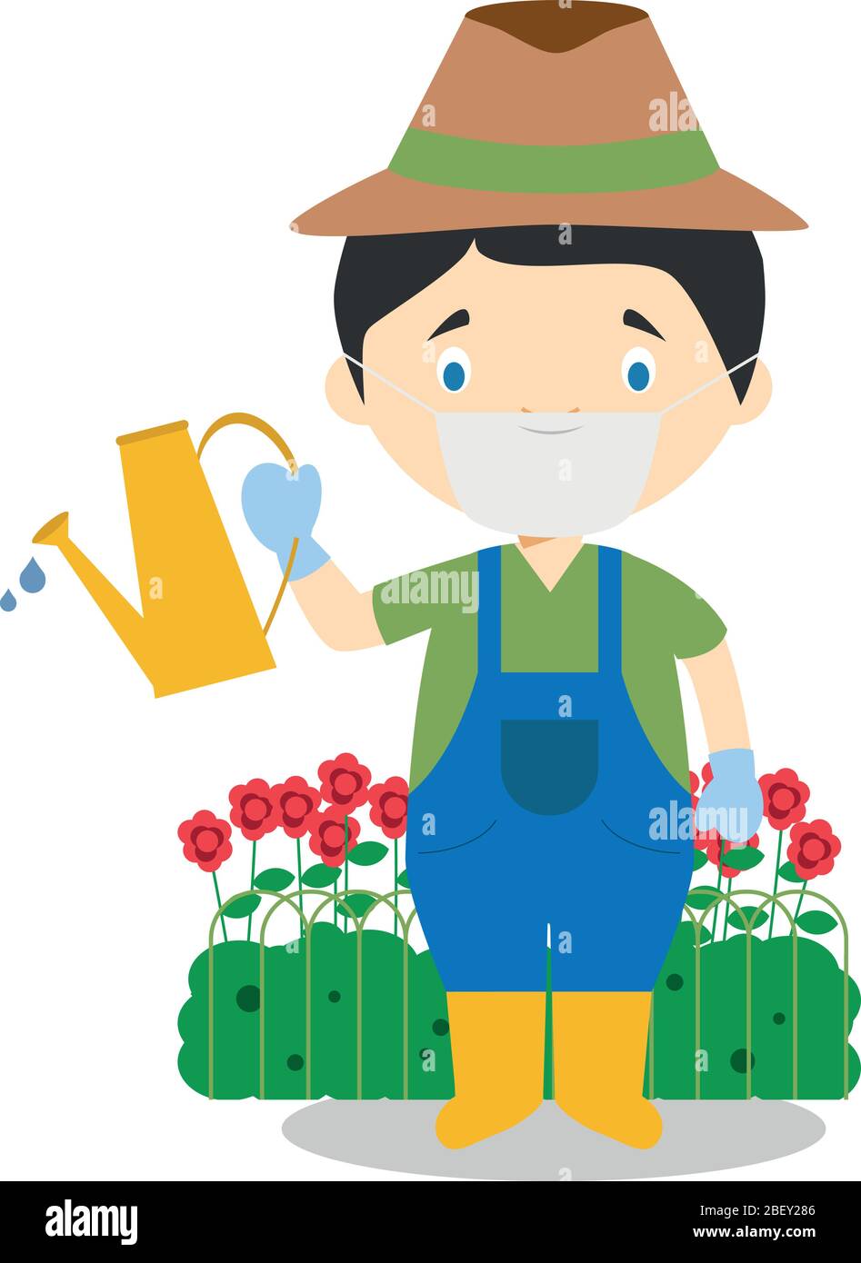 Illustration vectorielle mignon d'un jardinier avec masque chirurgical et gants en latex pour la protection contre une urgence de santé Illustration de Vecteur