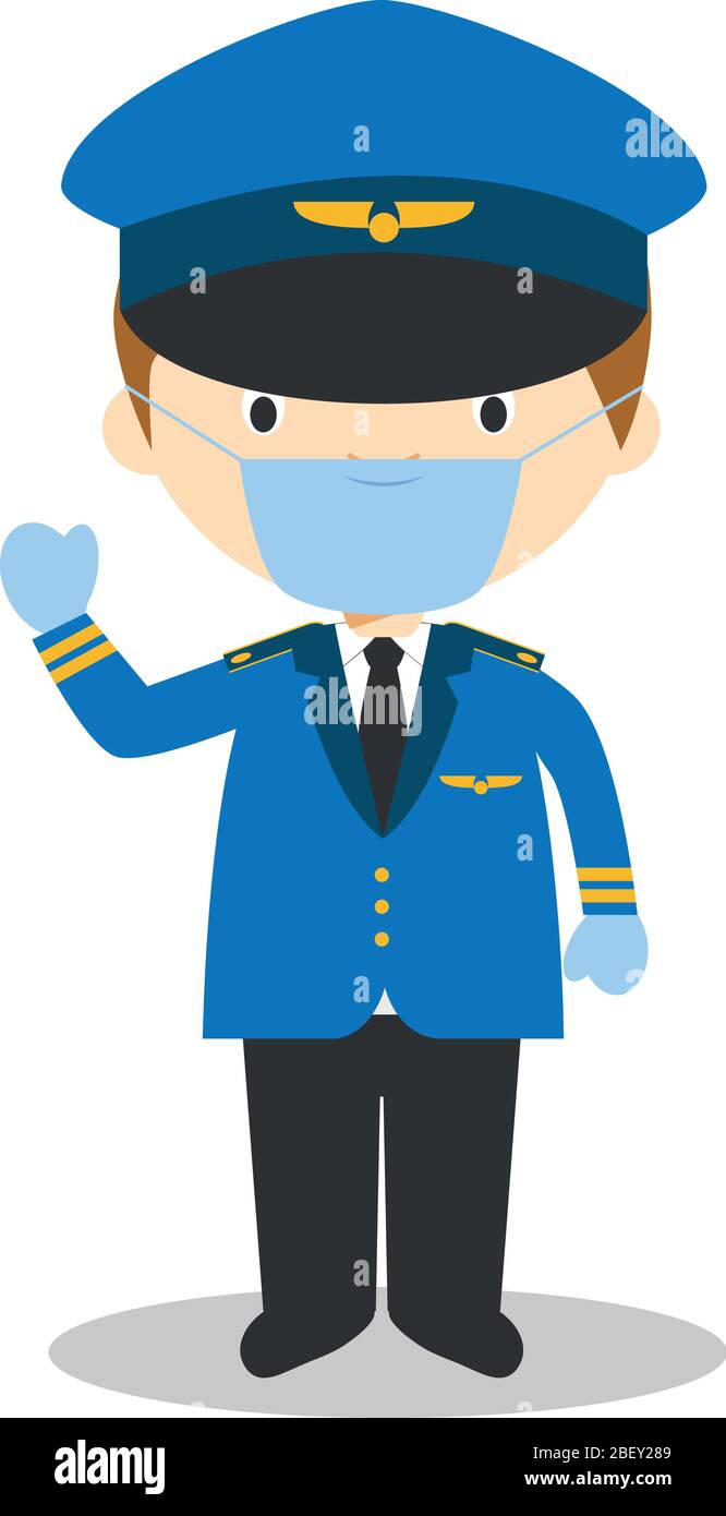 Illustration vectorielle mignon d'un pilote avec masque chirurgical et gants en latex comme protection contre une urgence de santé Illustration de Vecteur