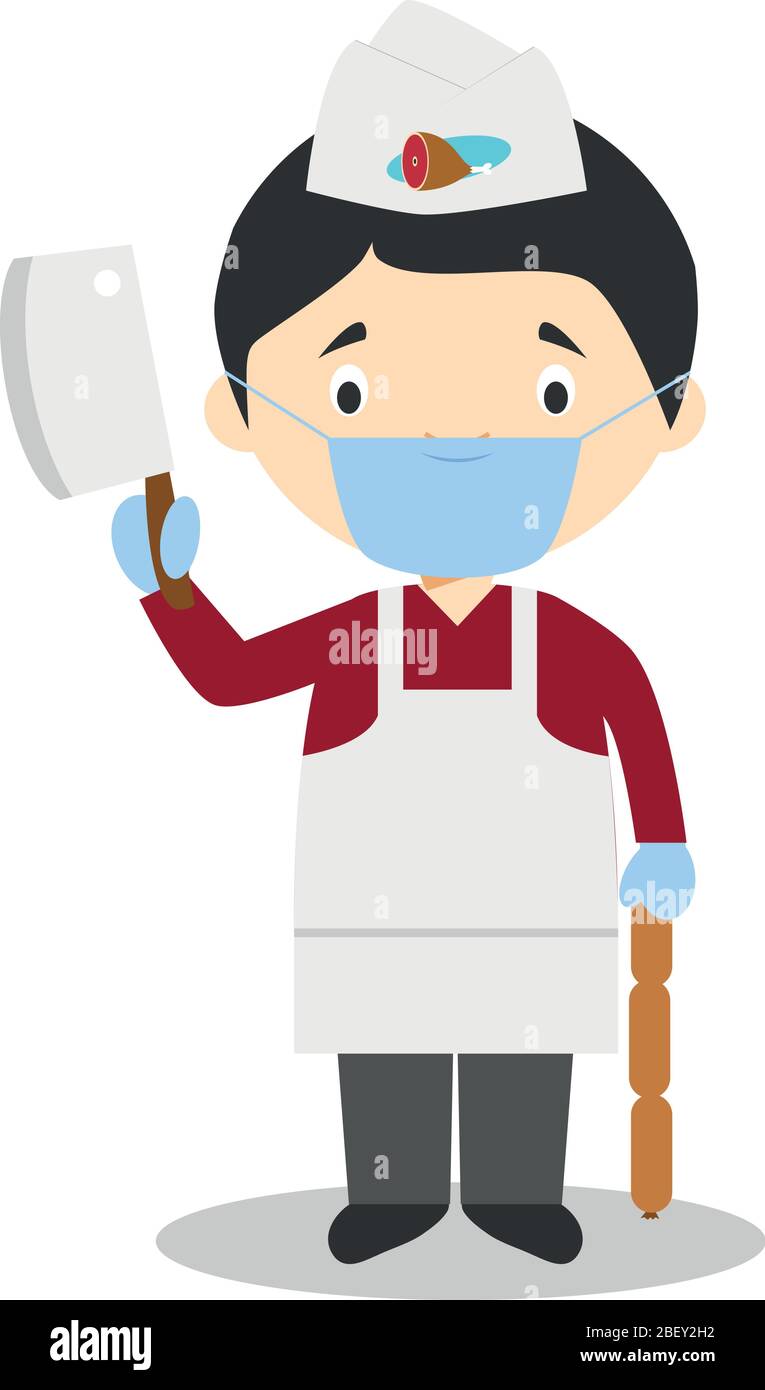 Illustration vectorielle mignon d'un boucher avec masque chirurgical et gants en latex pour la protection contre une urgence sanitaire Illustration de Vecteur