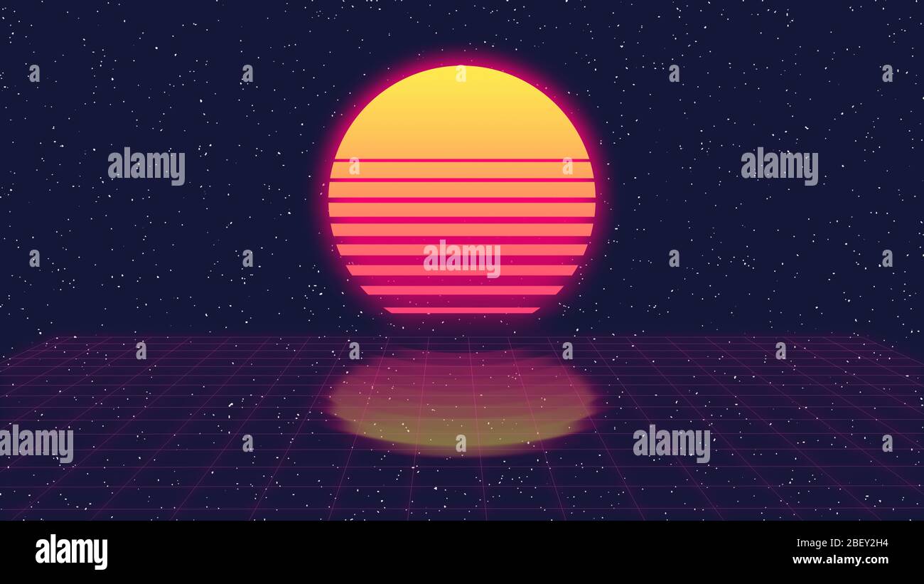 Fond de coucher de soleil Synthwave simple. Toile de fond rétro future science-fiction. Grille de perspective laser avec lueur néon. le film des années 80 et le style de jeu outrante. Ret. Abstrait Banque D'Images