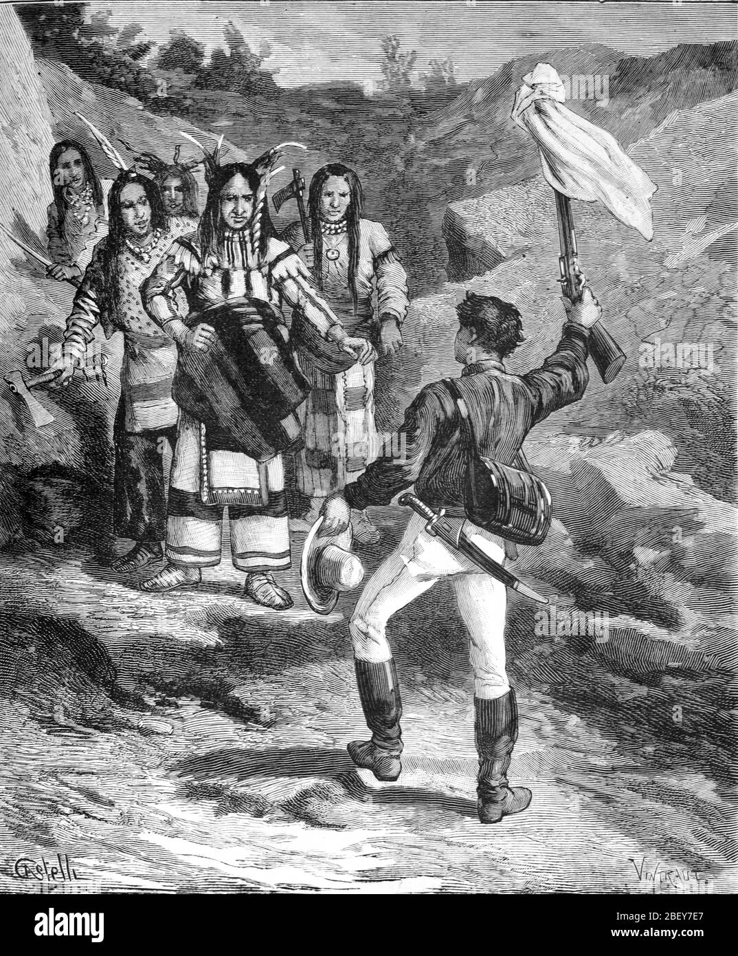 Gold Miner en Californie soulève le drapeau de paix sur Rifle en rencontre avec les Premières nations ou les Autochtones américains. Vintage ou ancienne illustration ou gravure 1888 Banque D'Images