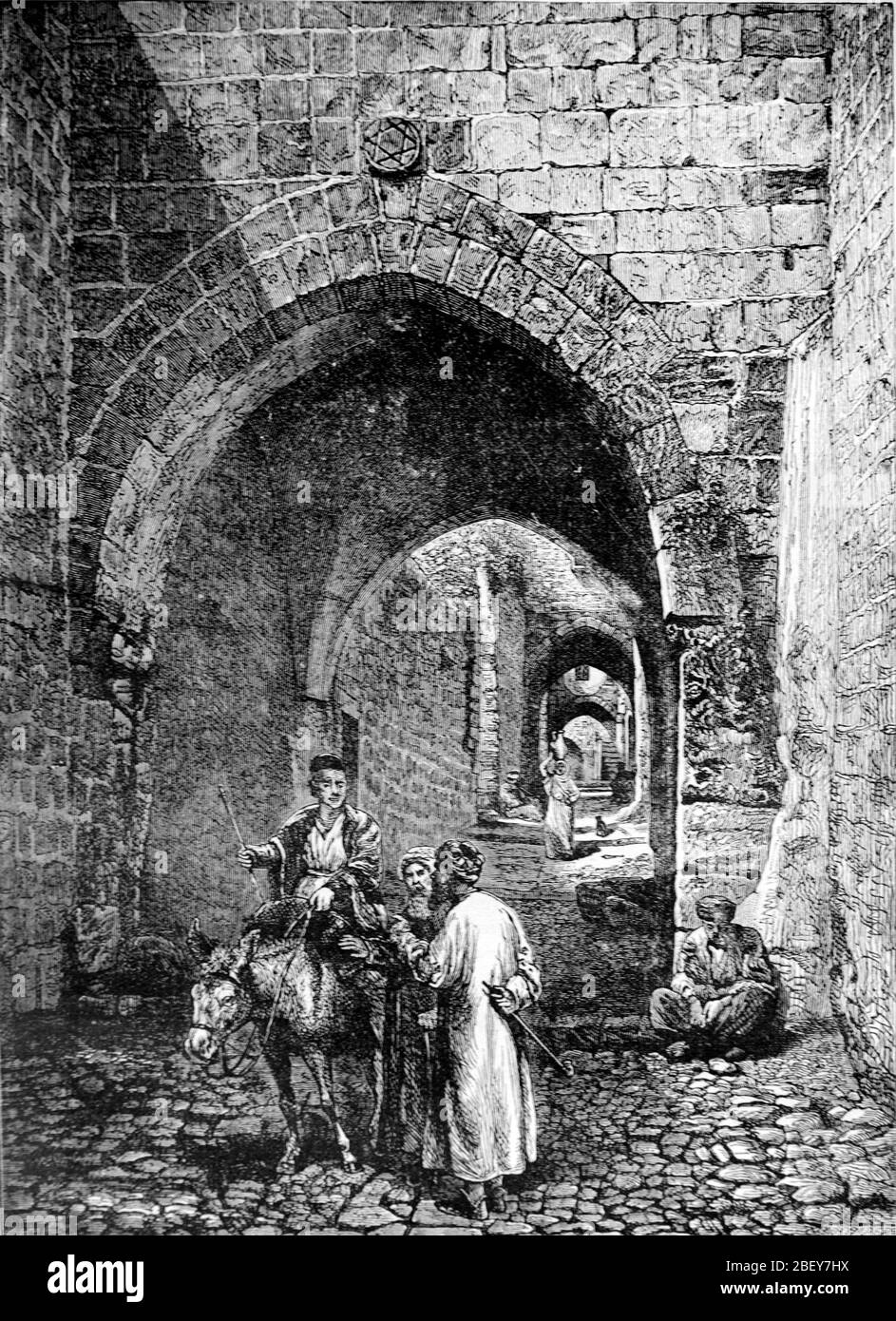 Scène de rue avec Donkey dans la vieille ville ou le quartier historique de Jérusalem Israël. Vintage ou ancienne illustration ou gravure 1888 Banque D'Images