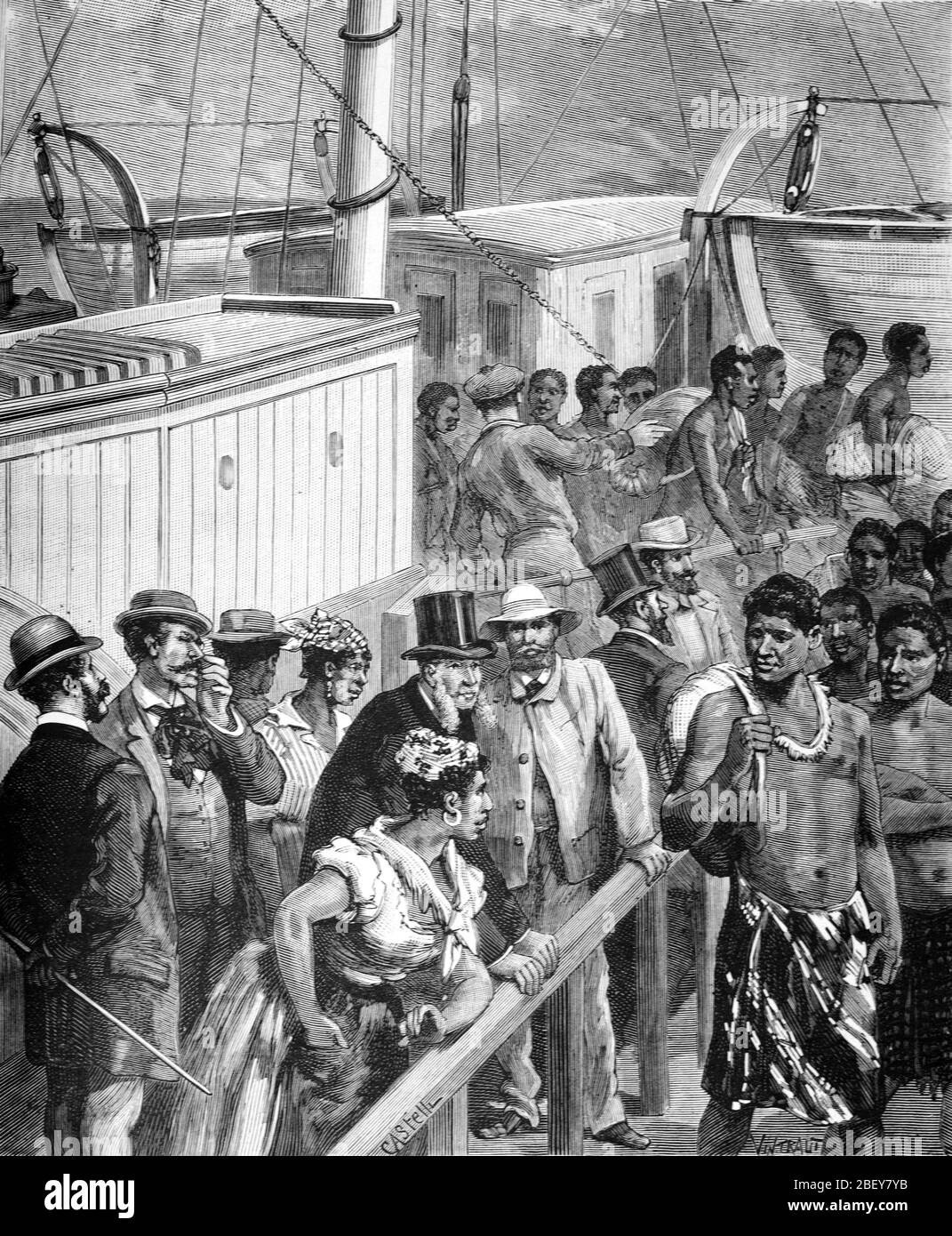 Immigration indienne dans les colonies européennes (principalement dans les colonies britanniques) à bord du navire immigrant. Vintage ou ancienne illustration ou gravure 1888 Banque D'Images