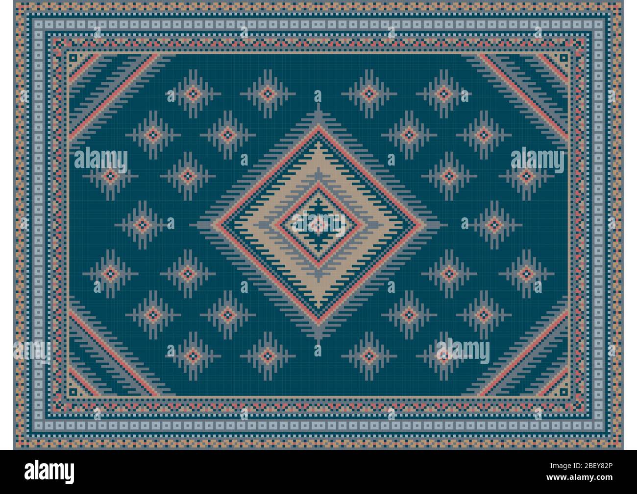 Tapis Vintage dans des tons bleus avec un jaune sale et rose en forme de diamant dans le centre avec des motifs de couleur bleu, rose, bleu et jaune sale colo Banque D'Images